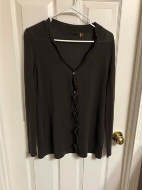 Elie Tahari | Brown Long-Sleeve Ruffle-Trim Button-Down Sweater 100% Merino Wool